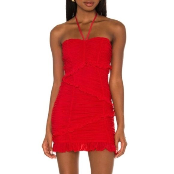 Majorelle Kaylee Ruffle Bodycon Halter Neck Mini Dress Red Party Cocktail XXS - Picture 1 of 10